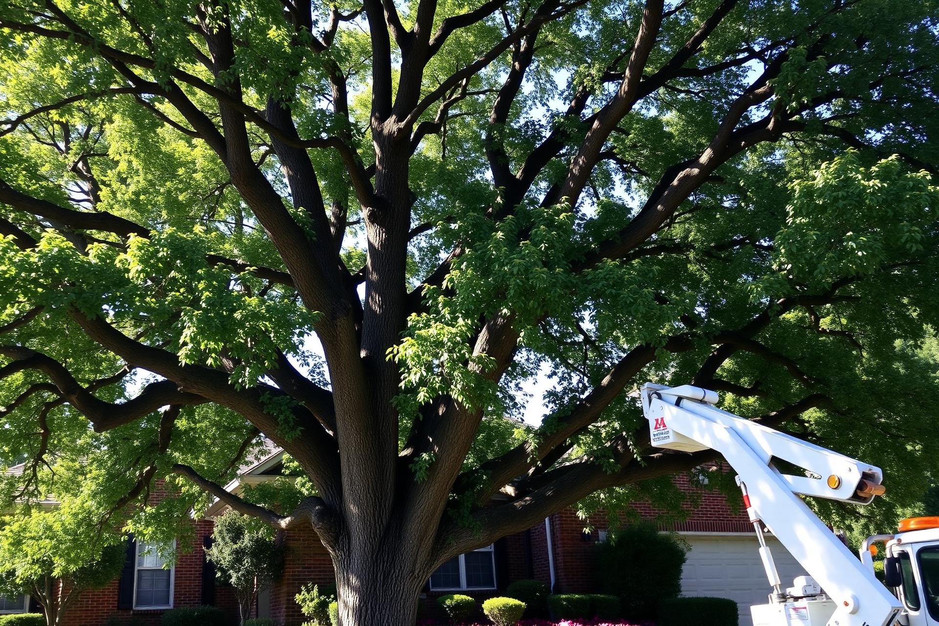 Large tree with bucket truck